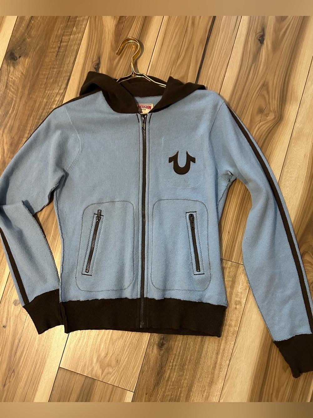 True Religion 100 % Cashmere Baby Blue and Brown Hooded Zip Sweatshirt Size M